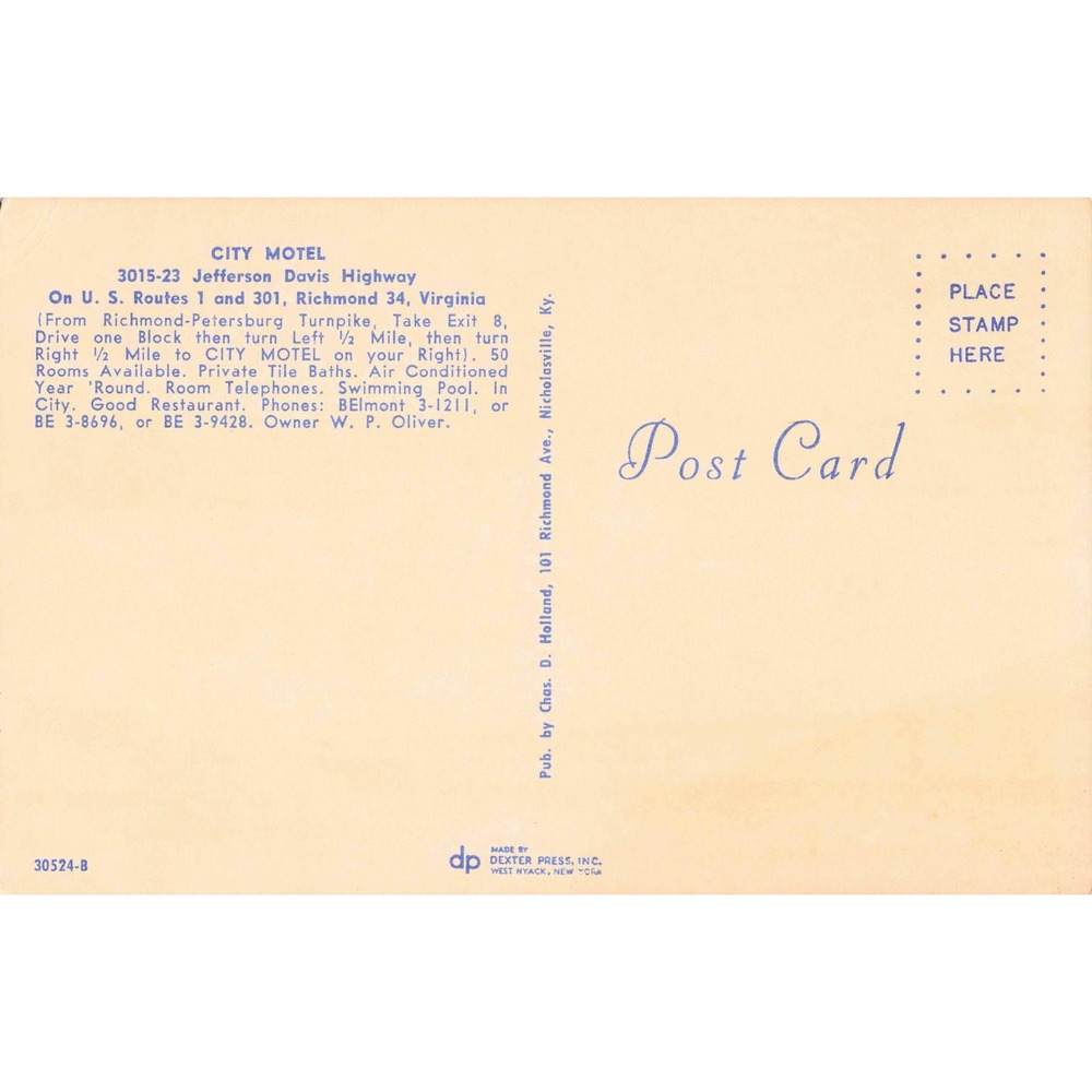 City Motel Restaurant Richmond VA Chrome Postcard Dexter Press Jefferson Davis H - Picture 2 of 2